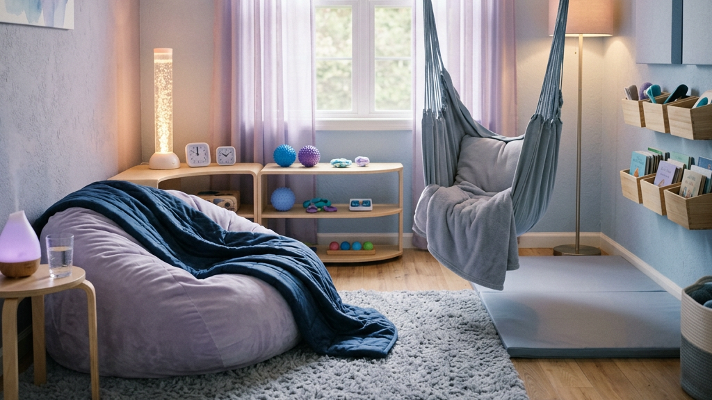 Sensory room with hanging chair, beanbag, soft lighting, and calming toys