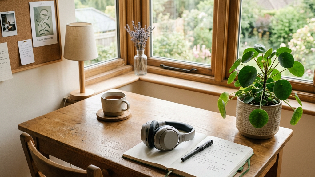 Wooden desk with coffee, headphones, journal, plant, and garden view