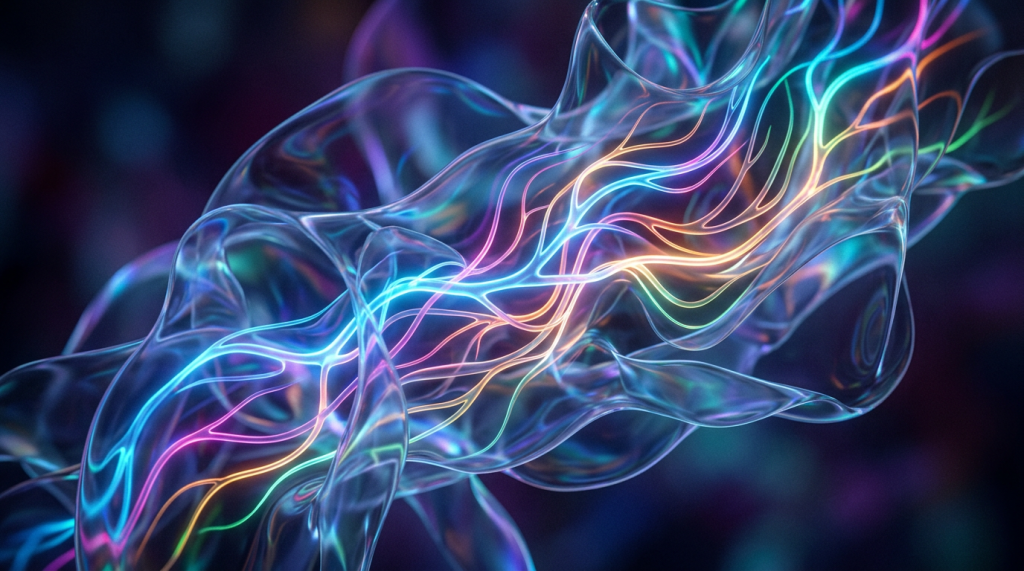 Translucent abstract form with colorful glowing lines on dark background